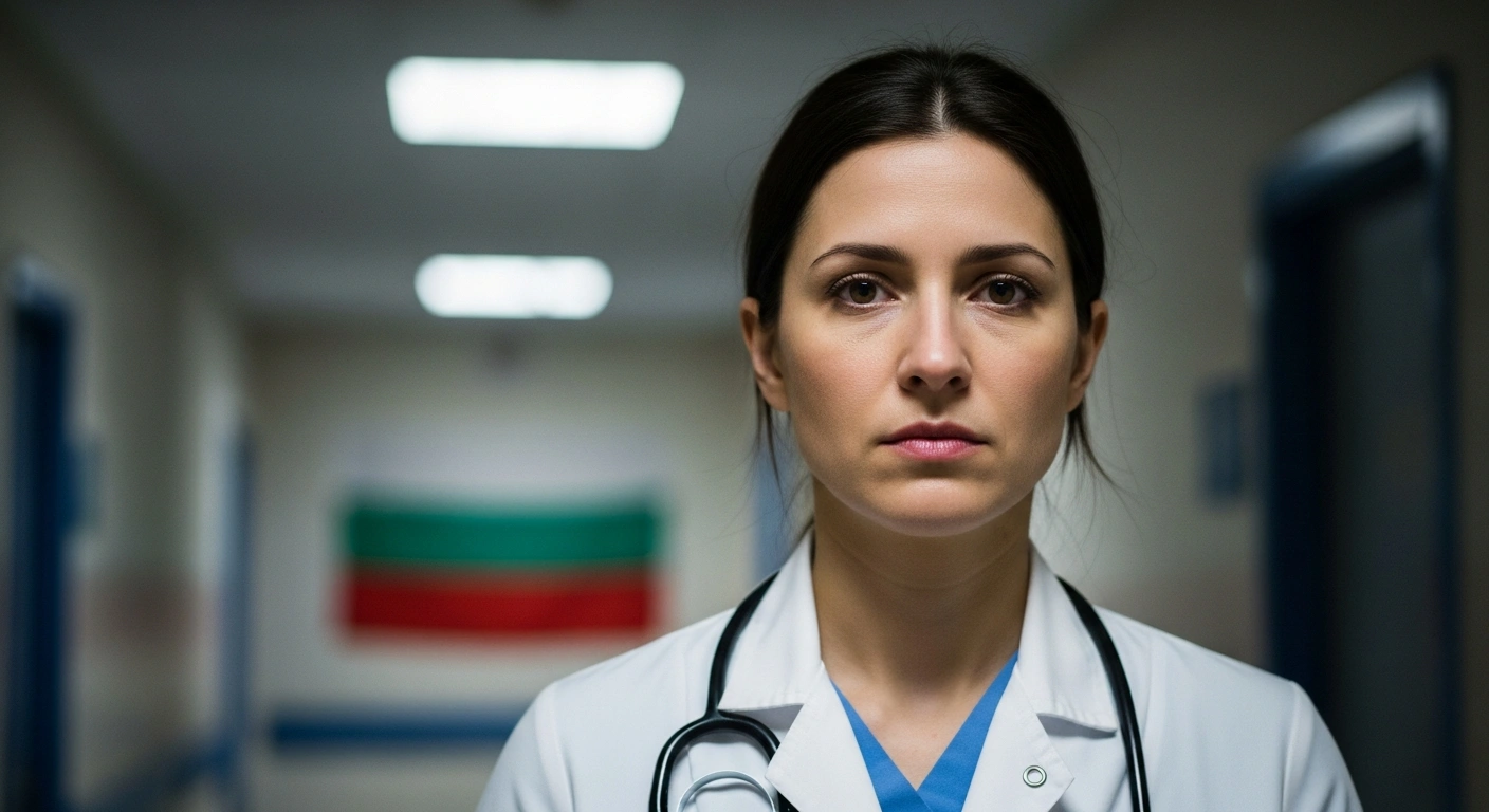 A weary female doctor stands in a dimly lit hospital corridor, her face showing exhaustion and frustration, with a blurred national flag in the background, symbolizing the unfulfilled pay raise promises for Bulgaria's medical professionals amidst political instability and a healthcare workforce crisis.