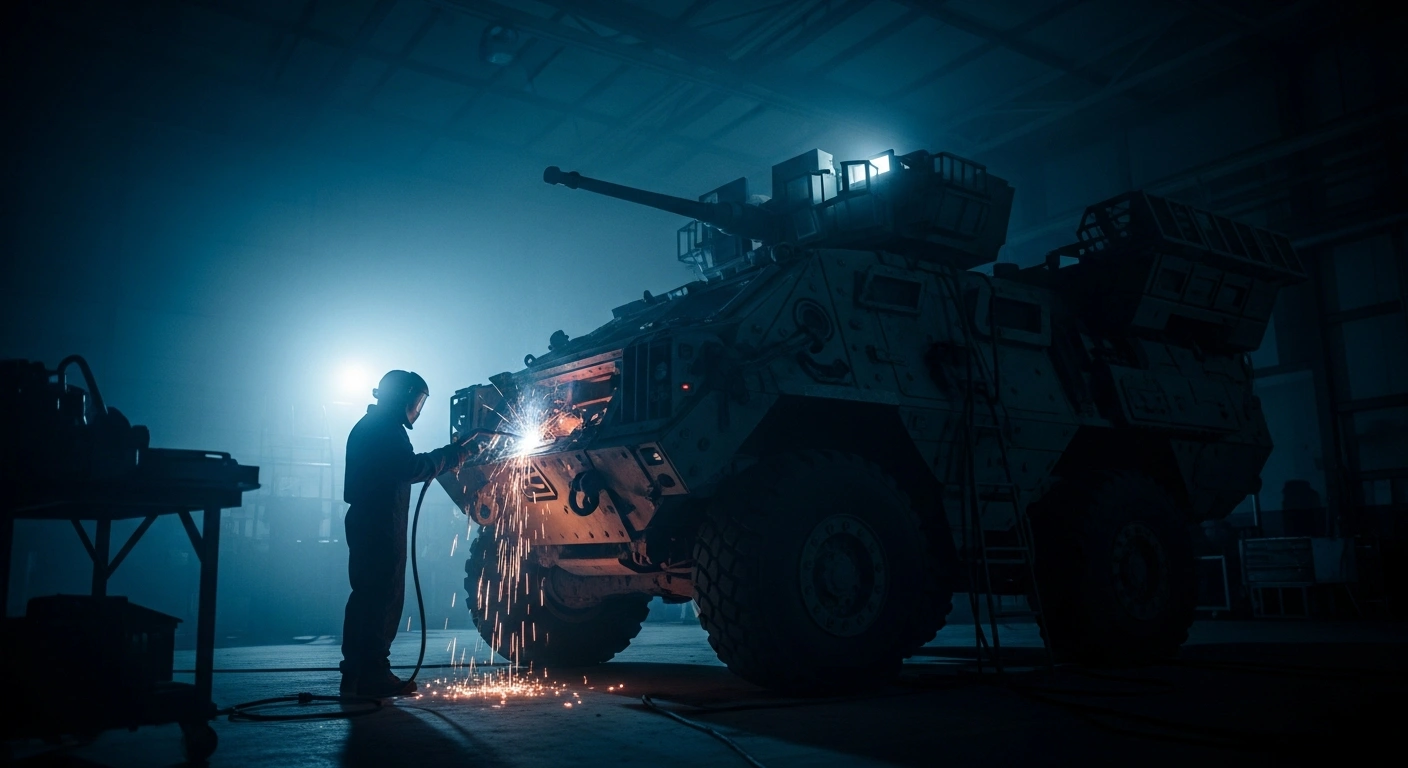 A technician repairs a piece of military equipment inside a dimly lit industrial hangar, representing Bulgaria's shift toward maintaining Ukrainian defense hardware.