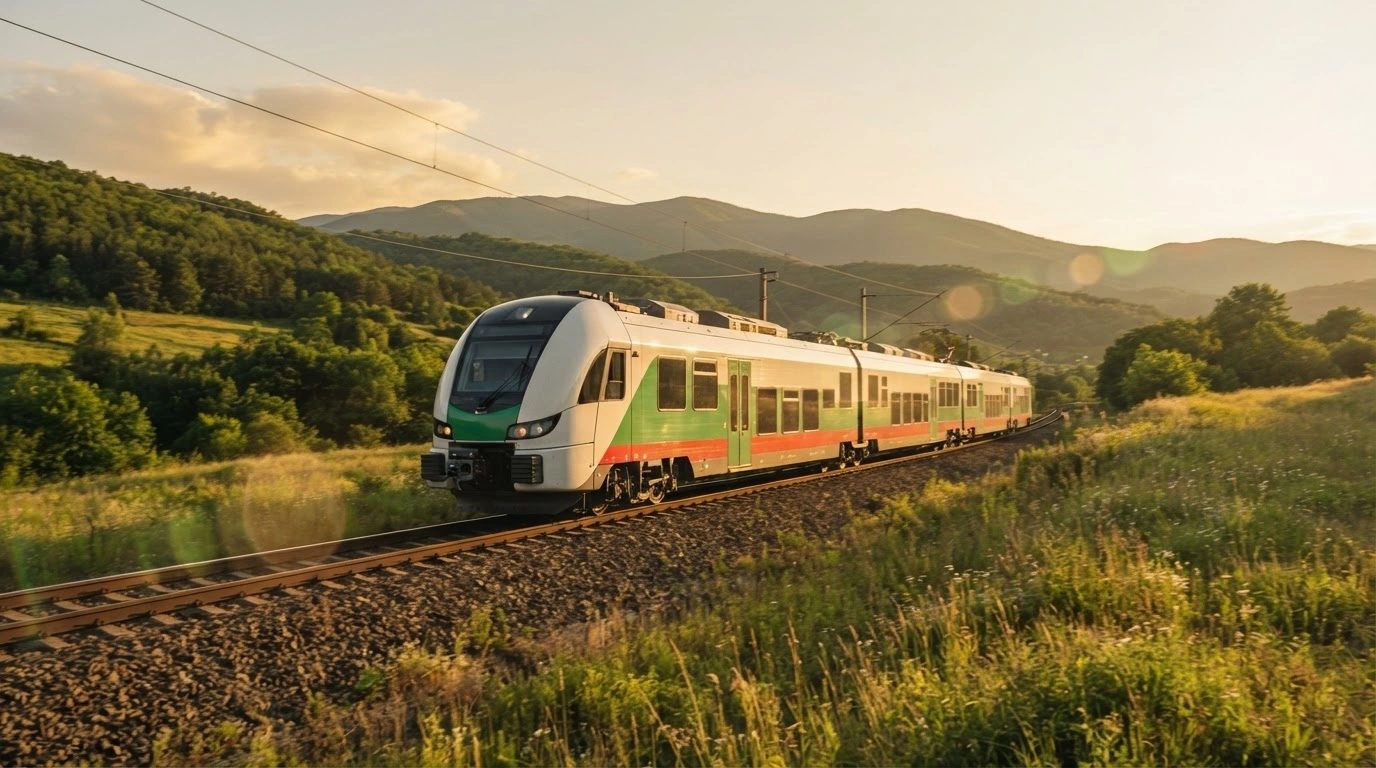 A modern Škoda RegioPanter electric train travels through a scenic Bulgarian landscape as part of the national rail modernization program.