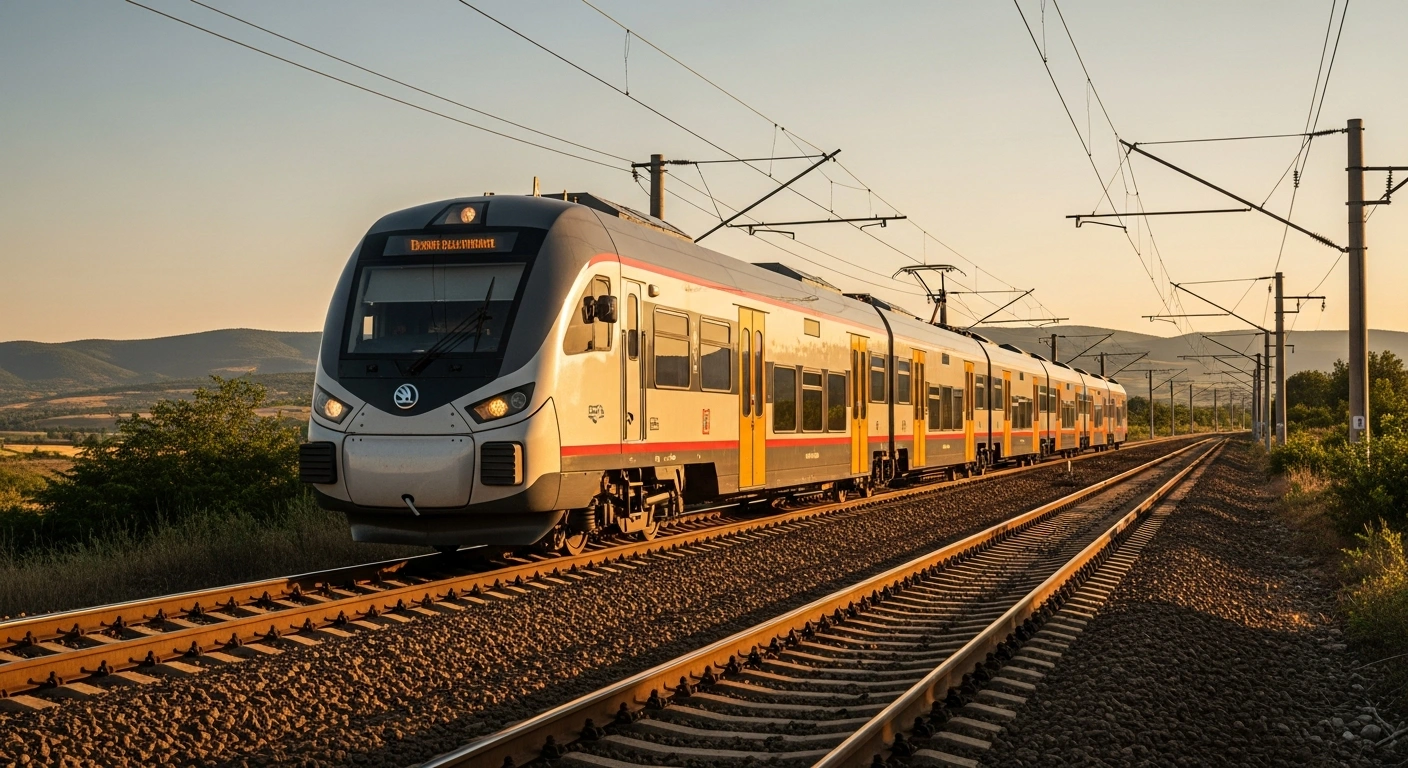 A modern Skoda Group electric multiple unit train travels along the railway tracks in Bulgaria as part of the national infrastructure modernization project.