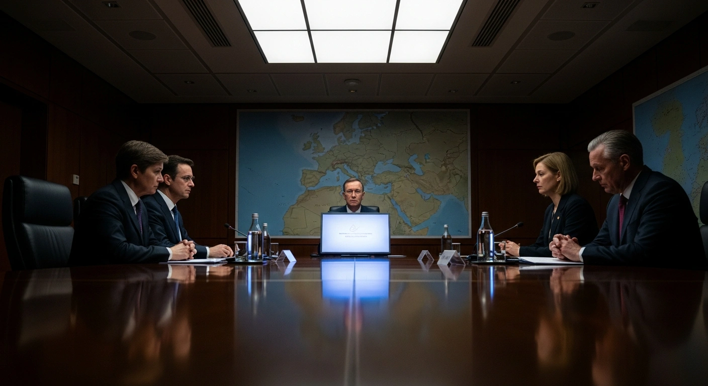 Caretaker Prime Minister Andrey Gyurov leads Bulgaria's Security Council in a secure, dimly lit room, with a map of Europe and the Middle East in the background, symbolizing the country's assessment of no direct military threat and commitment to national security amidst regional tensions.