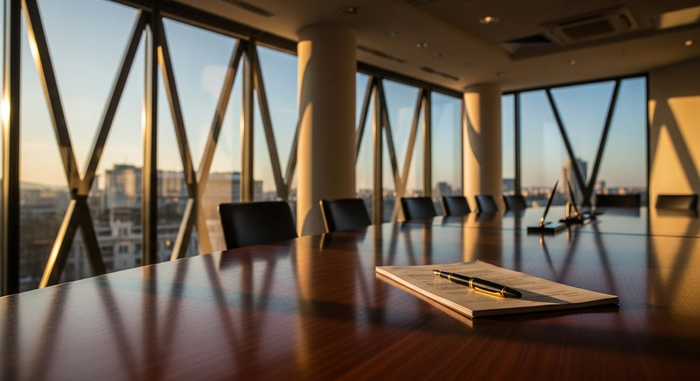 A professional boardroom setting in Bulgaria representing the Republica Holding warrant issuance approved by the Financial Supervision Commission.