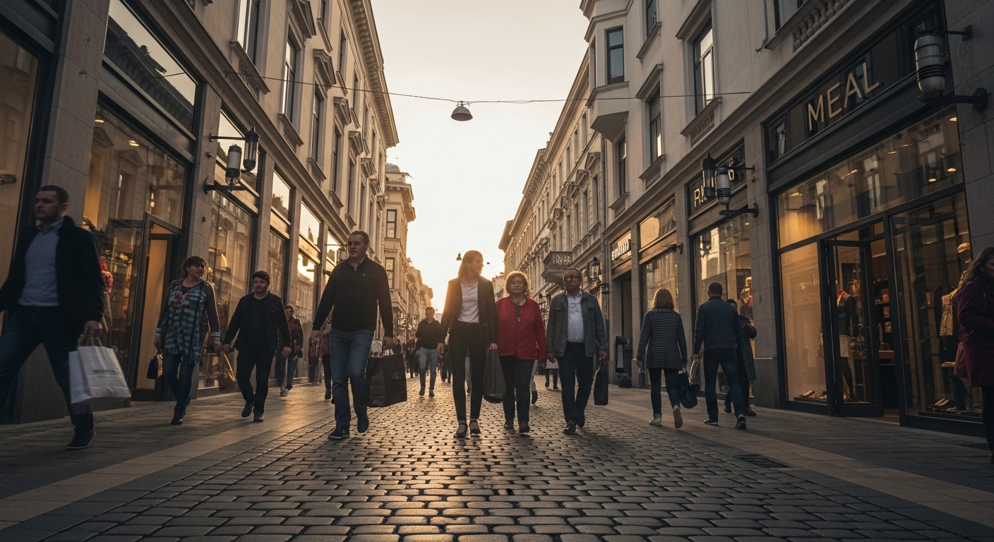 A bustling shopping district in Bulgaria represents the country's significant economic growth and high retail trade volume within the European Union.