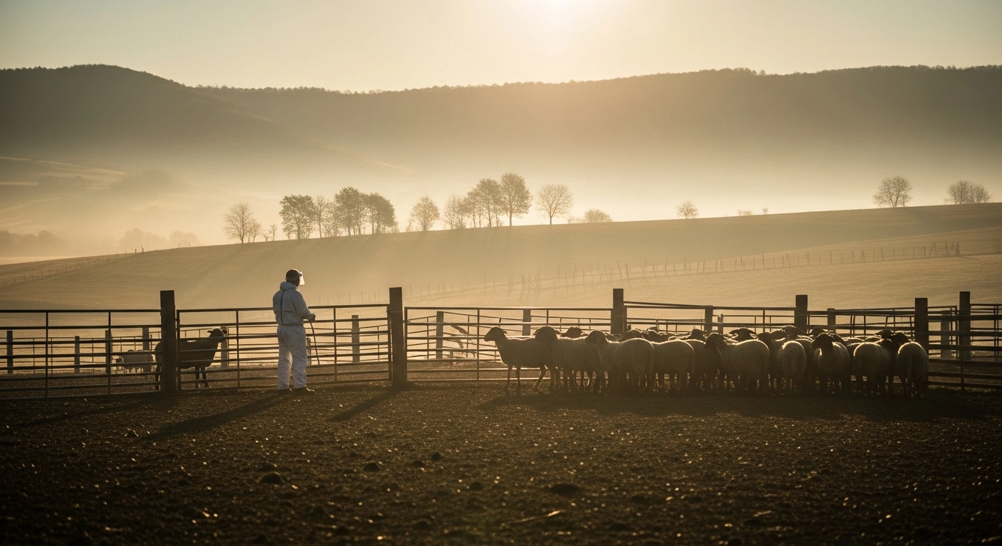 A veterinarian in protective gear monitors a flock of sheep in a rural Bulgarian village during a sheep and goat pox outbreak.