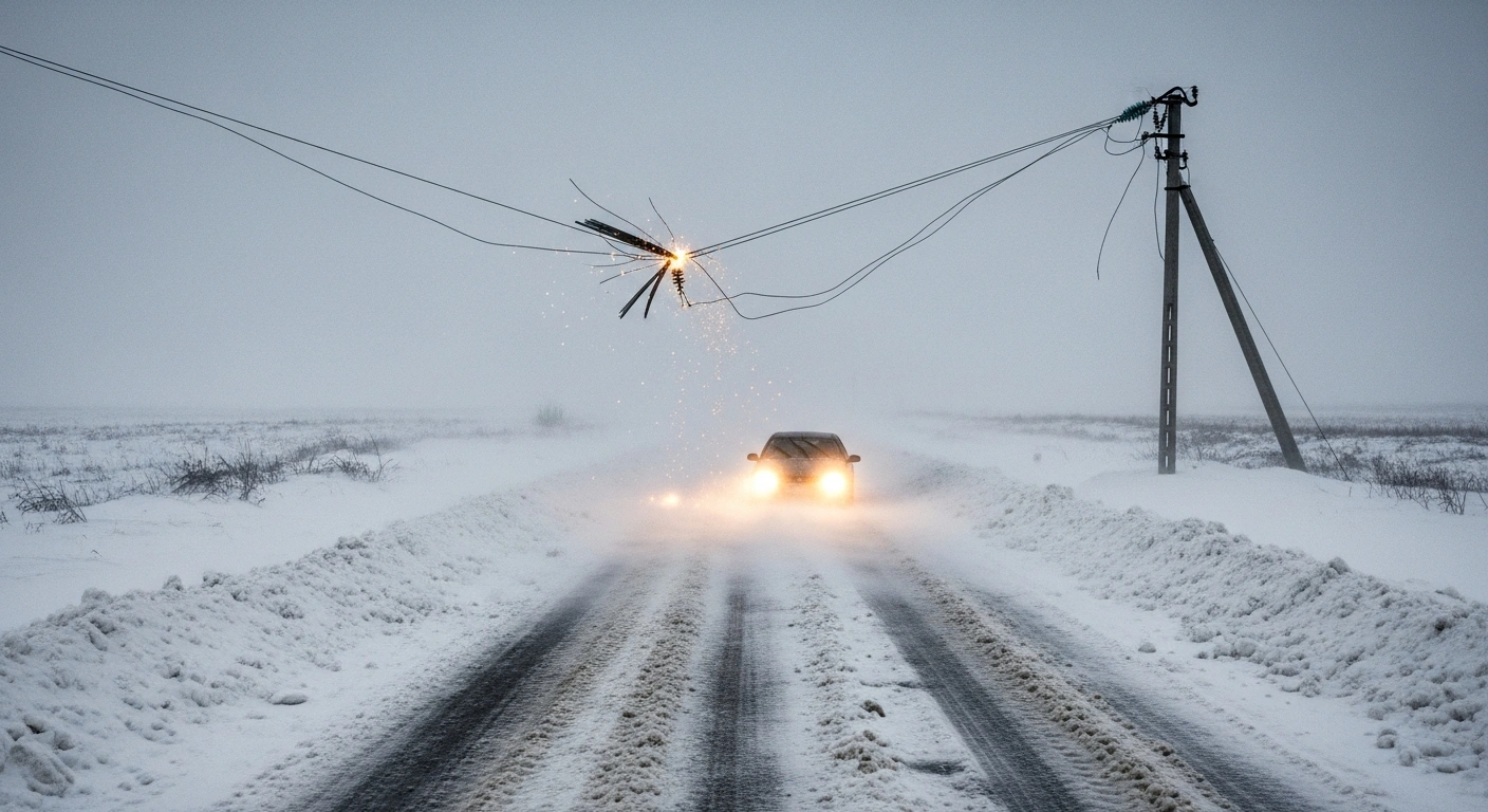 A desolate, snow-covered road in rural Bulgaria, with an abandoned car and a broken power line, depicting the severe impact of heavy snowfall and powerful winds that have caused extensive road closures and power outages.