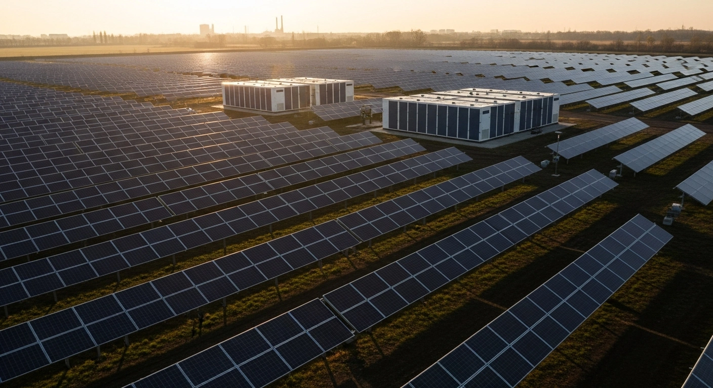 A vast ground-mounted photovoltaic plant with rows of solar panels and adjacent battery storage units under a clear, warm sky, symbolizing Bulgaria's energy transition in former coal regions, funded by Luxembourg through the EU Renewable Energy Financing Mechanism.