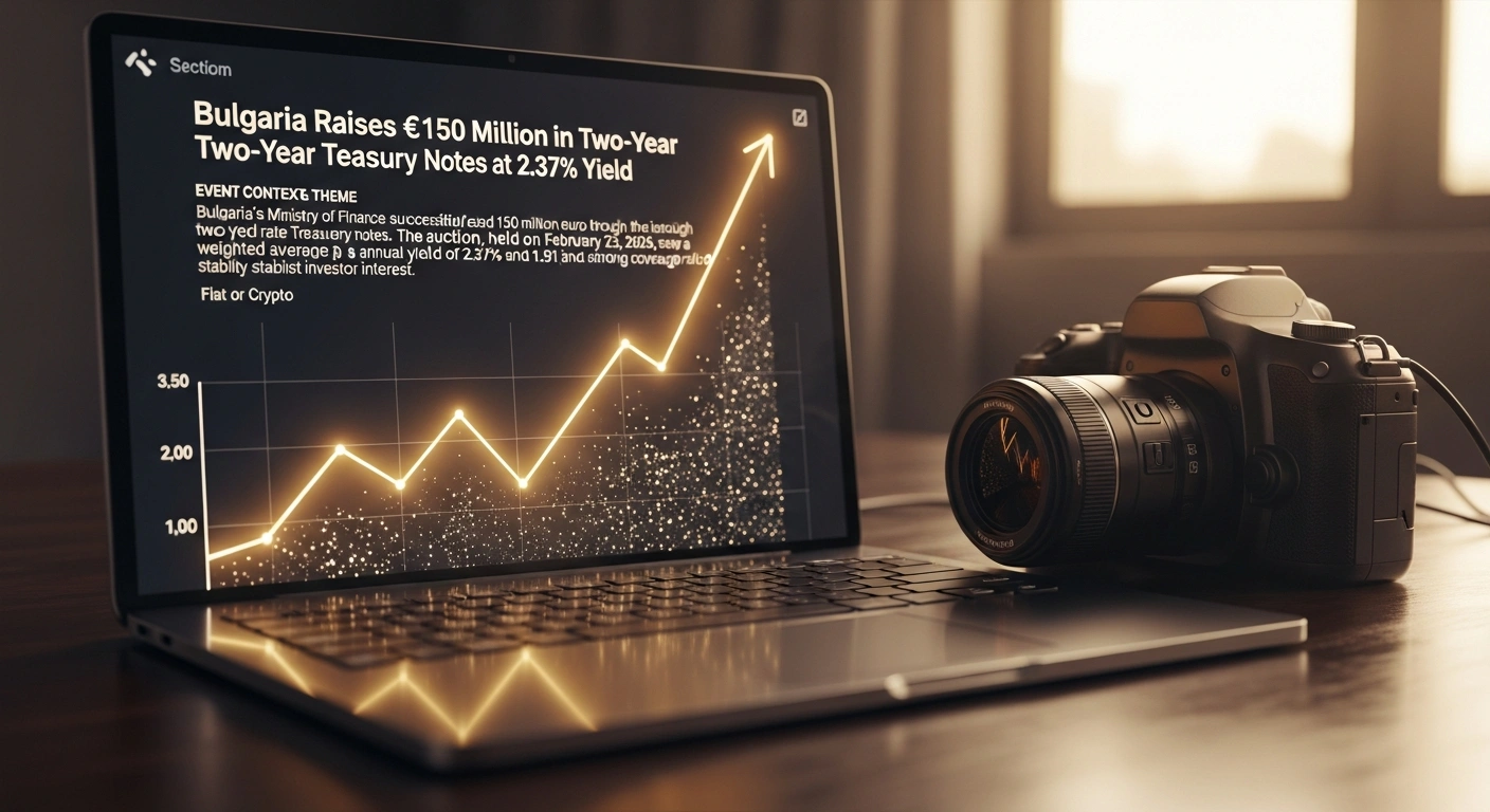 A stylized digital representation of financial growth and robust investor interest, symbolizing Bulgaria's Ministry of Finance successfully raising 150 million euro through two-year fixed-rate Treasury notes with a 2.37% yield and 1.91 coverage ratio.