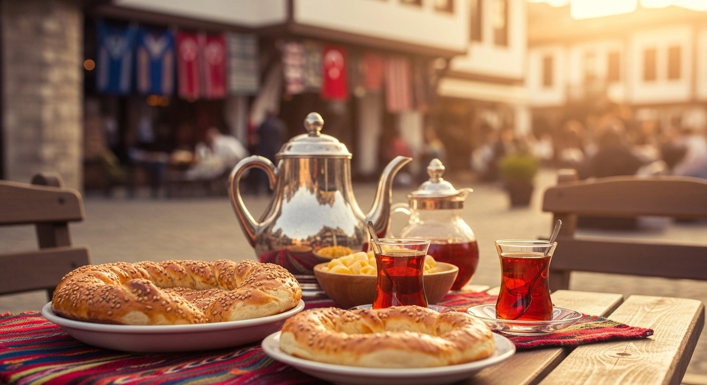 A table featuring traditional Bulgarian and Turkish food and tea represents the tourism campaign between Bulgaria and Turkey.