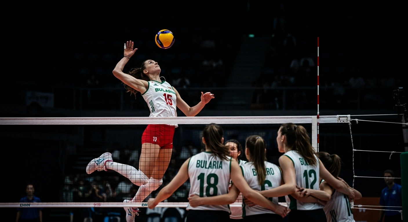 A Bulgarian women's national volleyball player spikes the ball during a decisive match against the Dominican Republic in the 2026 Volleyball Nations League.