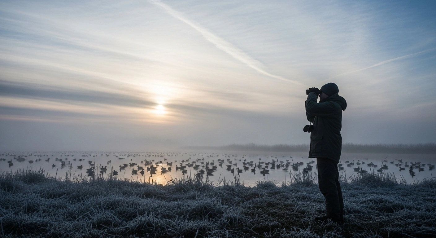 A lone ornithologist, bundled in winter clothing, stands silhouetted against a misty sunrise over a vast Bulgarian wetland, observing waterbirds with binoculars as part of the Midwinter Waterbird Census.