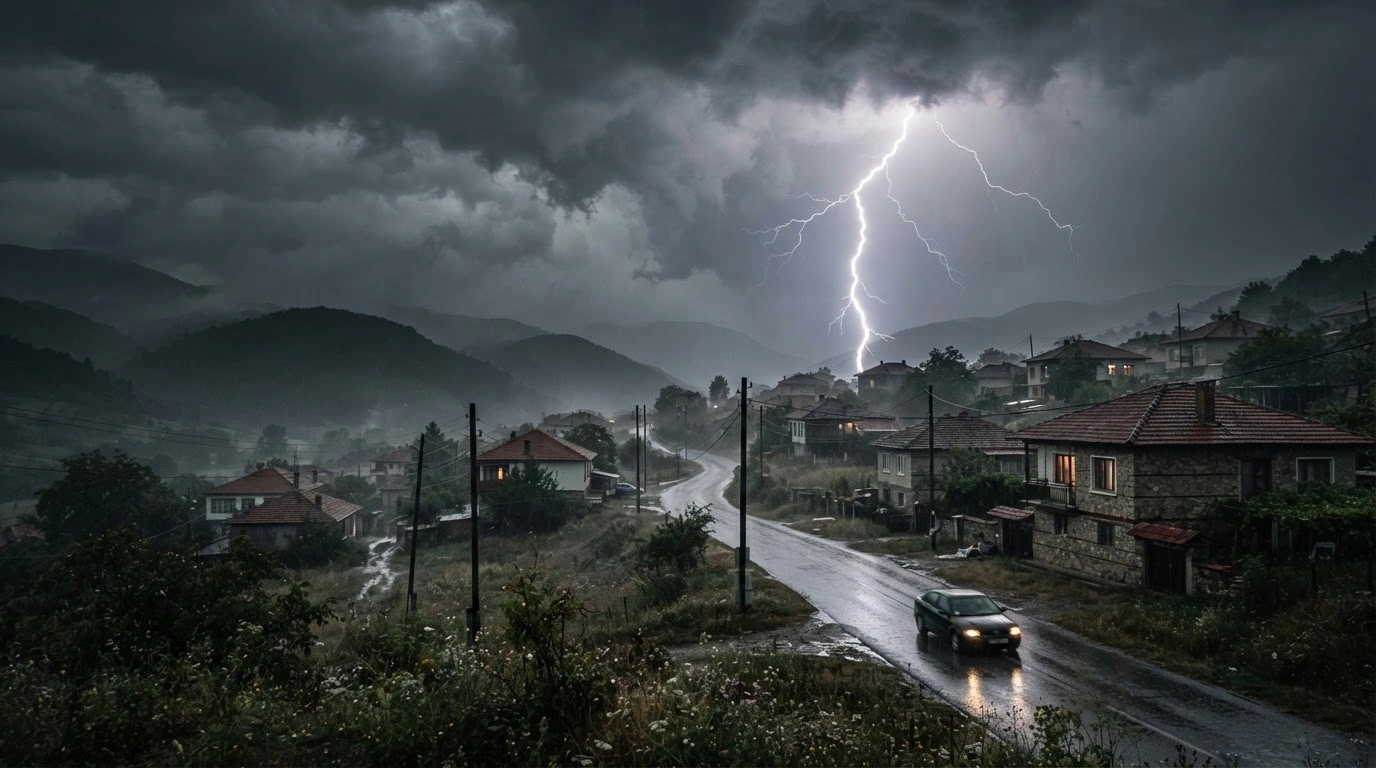 A dramatic thunderstorm with heavy rain and lightning strikes over a rural Bulgarian landscape under a yellow code weather warning.
