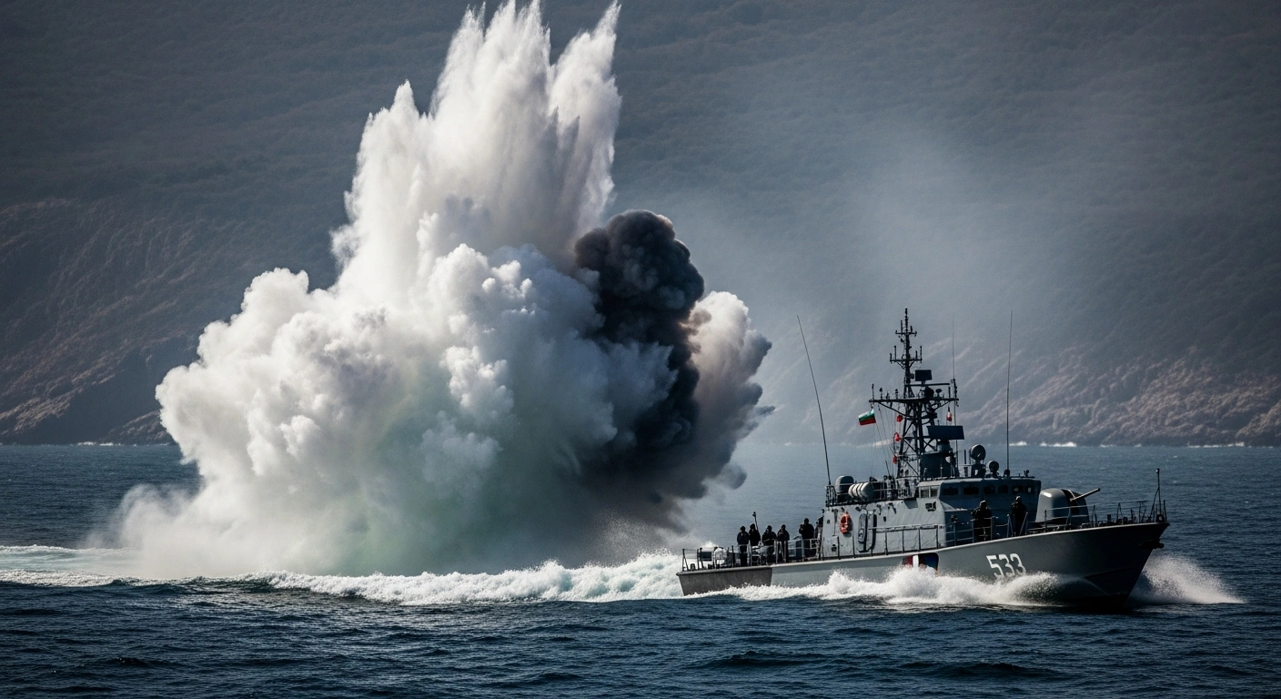 A Bulgarian Navy vessel observes a controlled detonation of a drone remnant in the Black Sea near the coast of Tyulenovo.