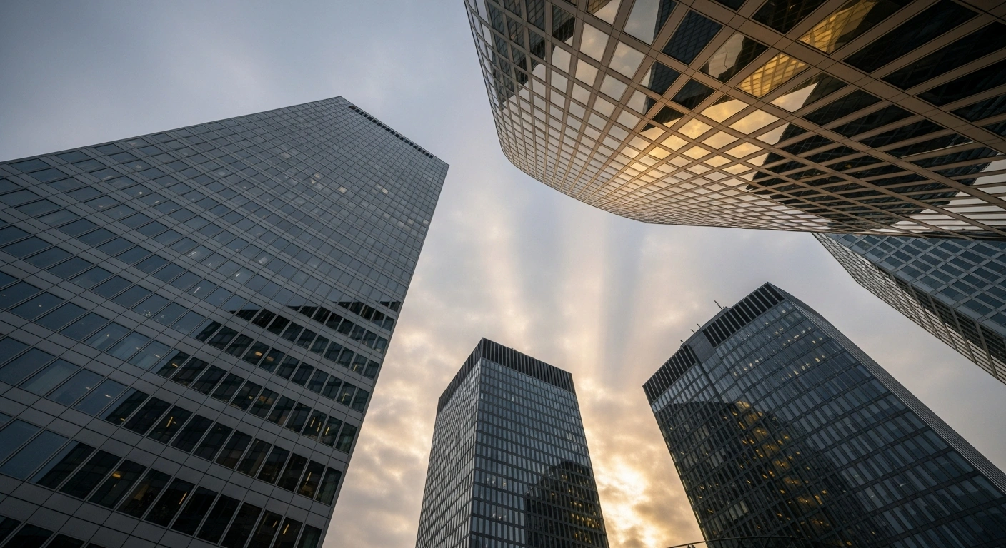 An early morning cityscape of a German financial district, bathed in soft, cool light gradually transitioning to warm, golden hues, symbolizing the Bundesbank's forecast of moderate economic growth and dynamic recovery for Germany in 2026.