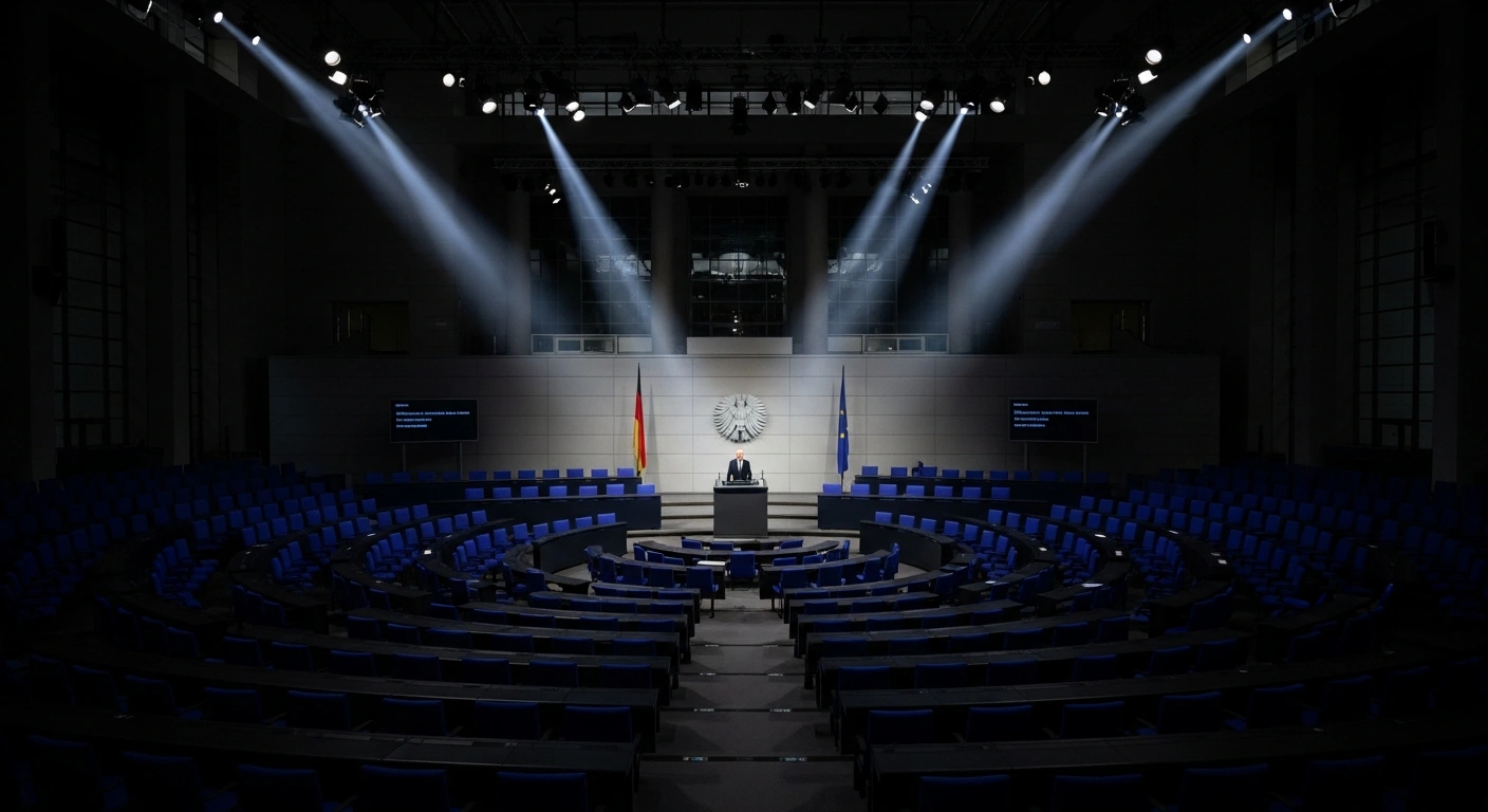 A wide, low-angle shot inside the German Bundestag's plenary chamber depicts a silhouetted speaker at the central rostrum under stark spotlights, symbolizing the tense debate on internal security, the increase in knife attacks, and migration policy.