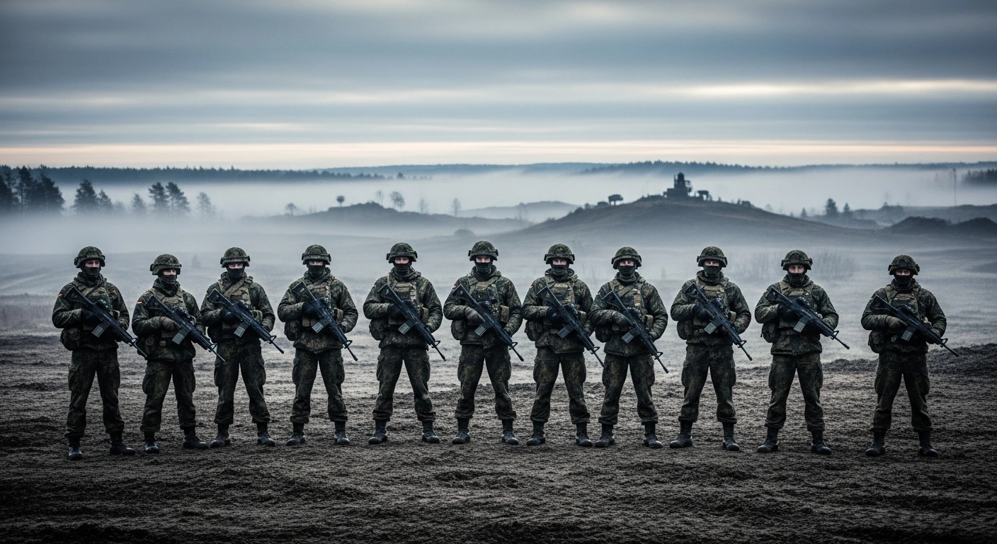 German Bundeswehr soldiers stand in formation during a deployment exercise in Lithuania to support NATO's eastern flank readiness.