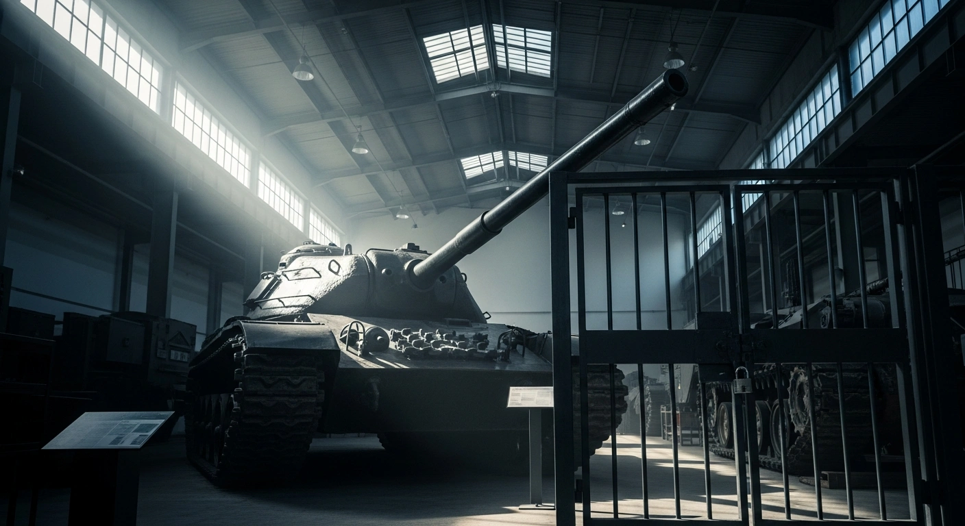 A heavy military tank sits behind a locked gate inside the Bundeswehr Museum of German Defense Technology in Koblenz, highlighting the facility's controversial entry restrictions.