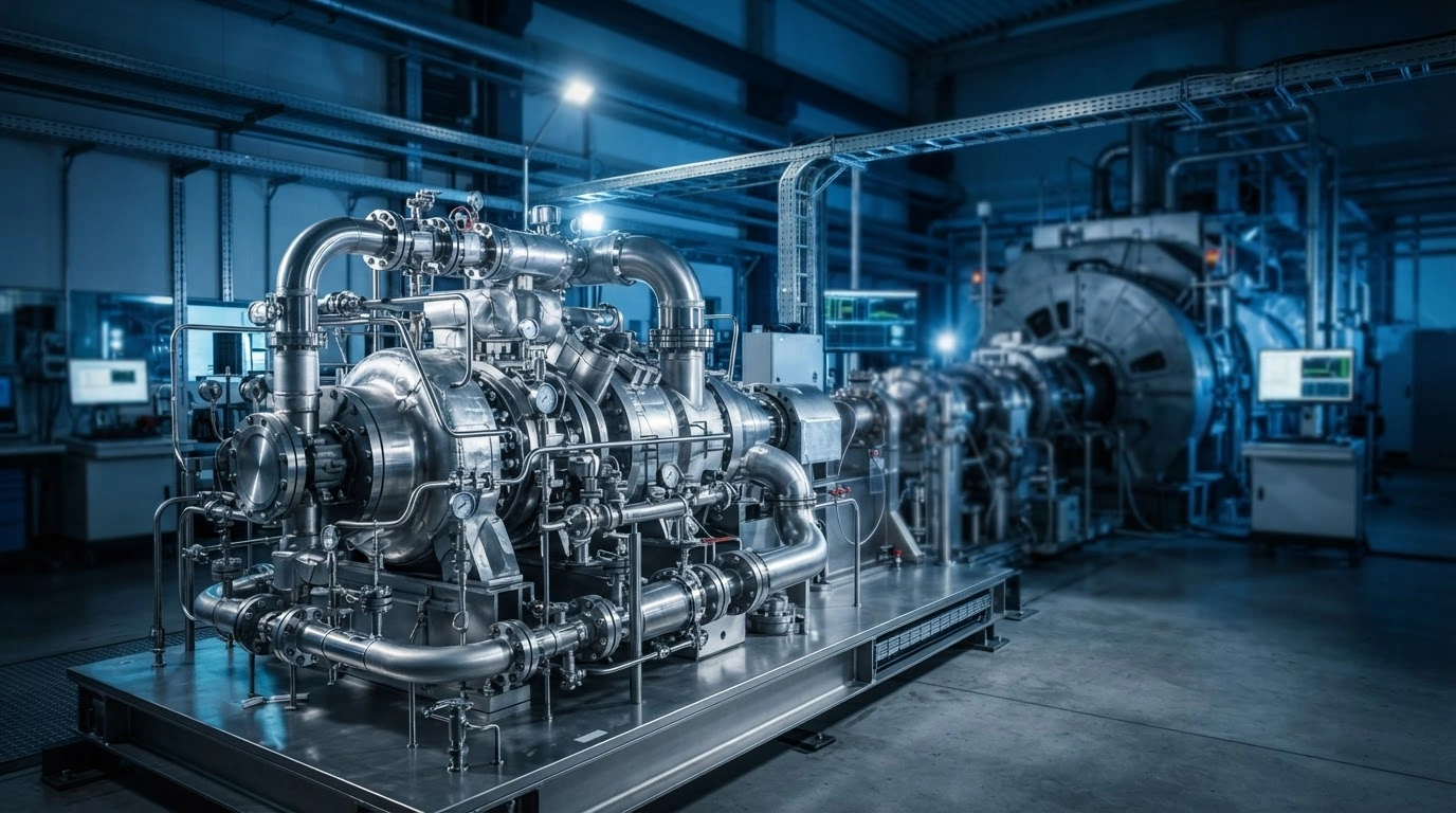 A high-precision compressor unit installed at an MTU Maintenance gas turbine test facility in Germany.