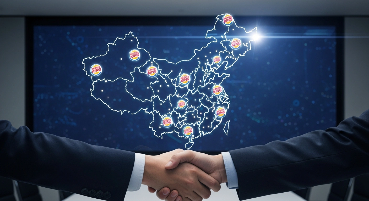 A holographic map of China displaying numerous Burger King restaurant locations is projected in a modern boardroom, where two hands representing Restaurant Brands International and CPE are shaking, symbolizing their joint venture and the planned expansion of Burger King's network in China.