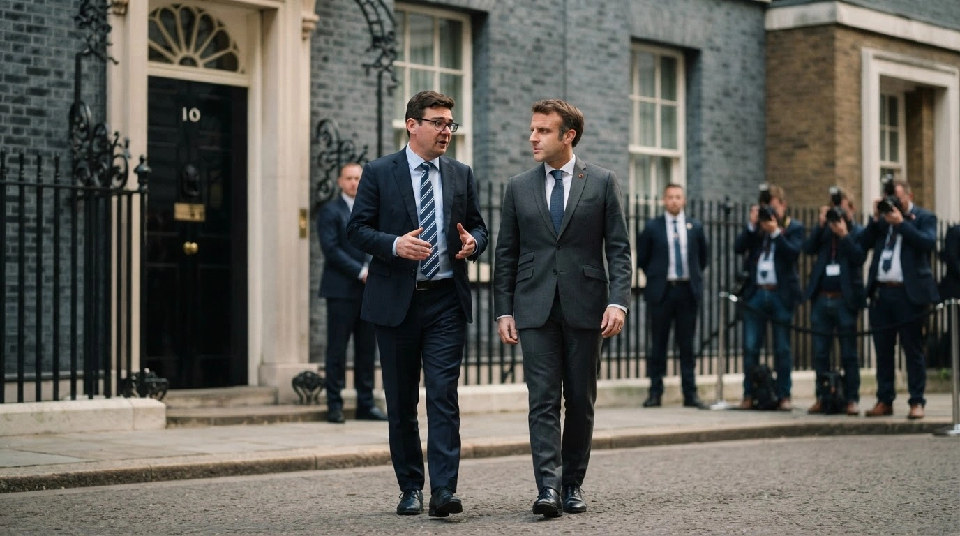 Prime Minister Andy Burnham and French President Emmanuel Macron walk together toward the entrance of Downing Street for a diplomatic meeting.