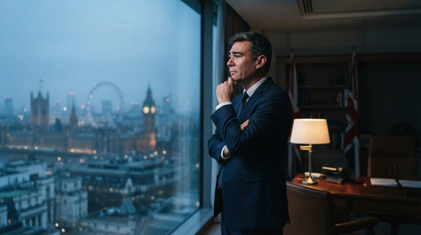 UK Prime Minister Andy Burnham stands in a dimly lit office looking out a window as he considers future diplomatic relations with the European Union.