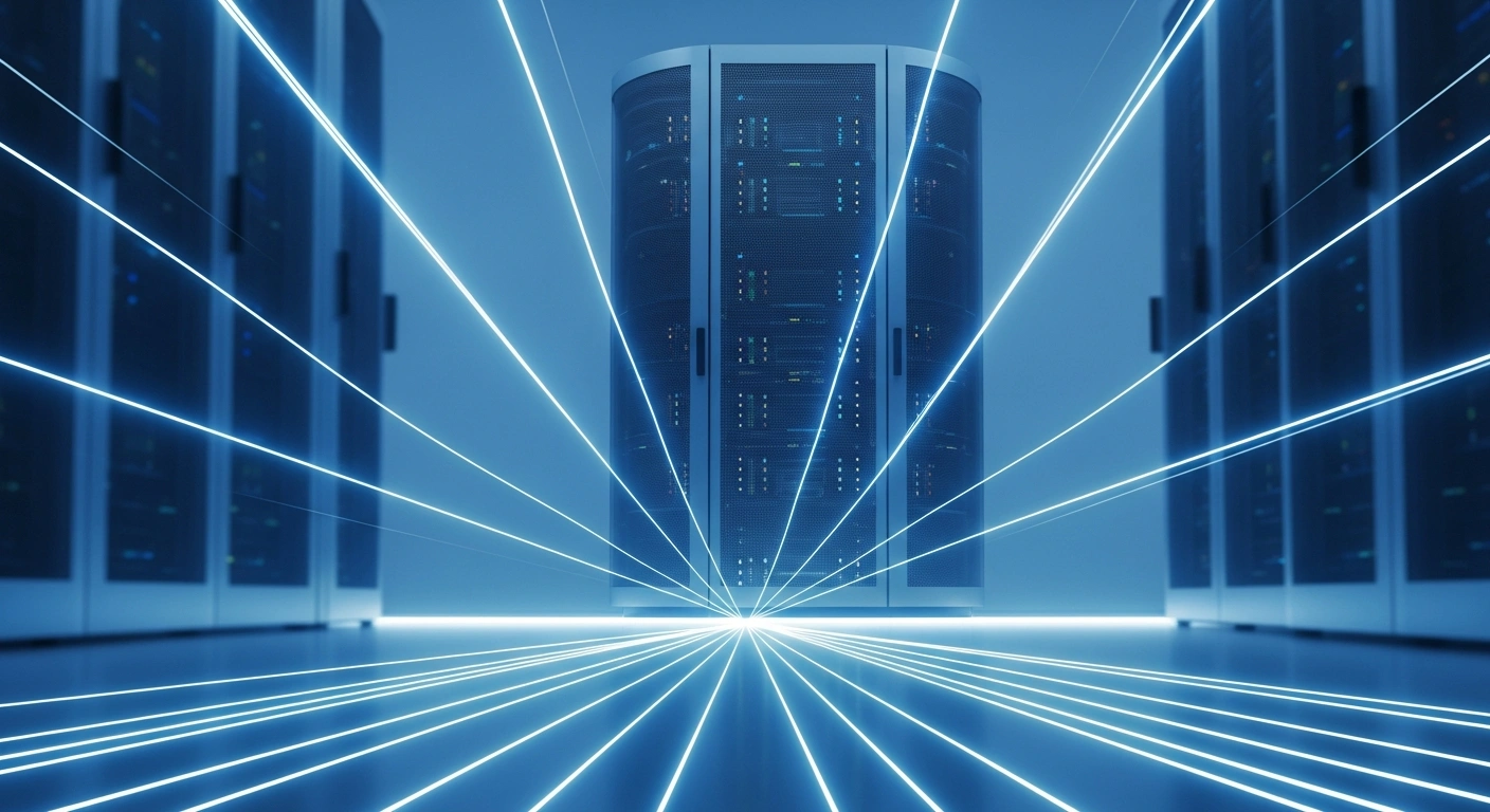 A photorealistic image of a sleek, futuristic data center bathed in cool blue light, where glowing lines of data converge and diverge around a towering, secure server rack, visually representing the modernization of the Bank of the Republic of Burundi's Automated Transfer System (ATS) to the ISO 20022 standard, supported by the World Bank, to enhance financial infrastructure.