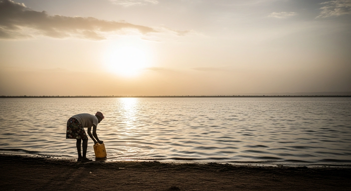 A person fills a plastic jerry can with murky water from Lake Tanganyika, illustrating the severe lack of clean drinking water contributing to a cholera outbreak in Burundi's Nyanza-Lac health district.