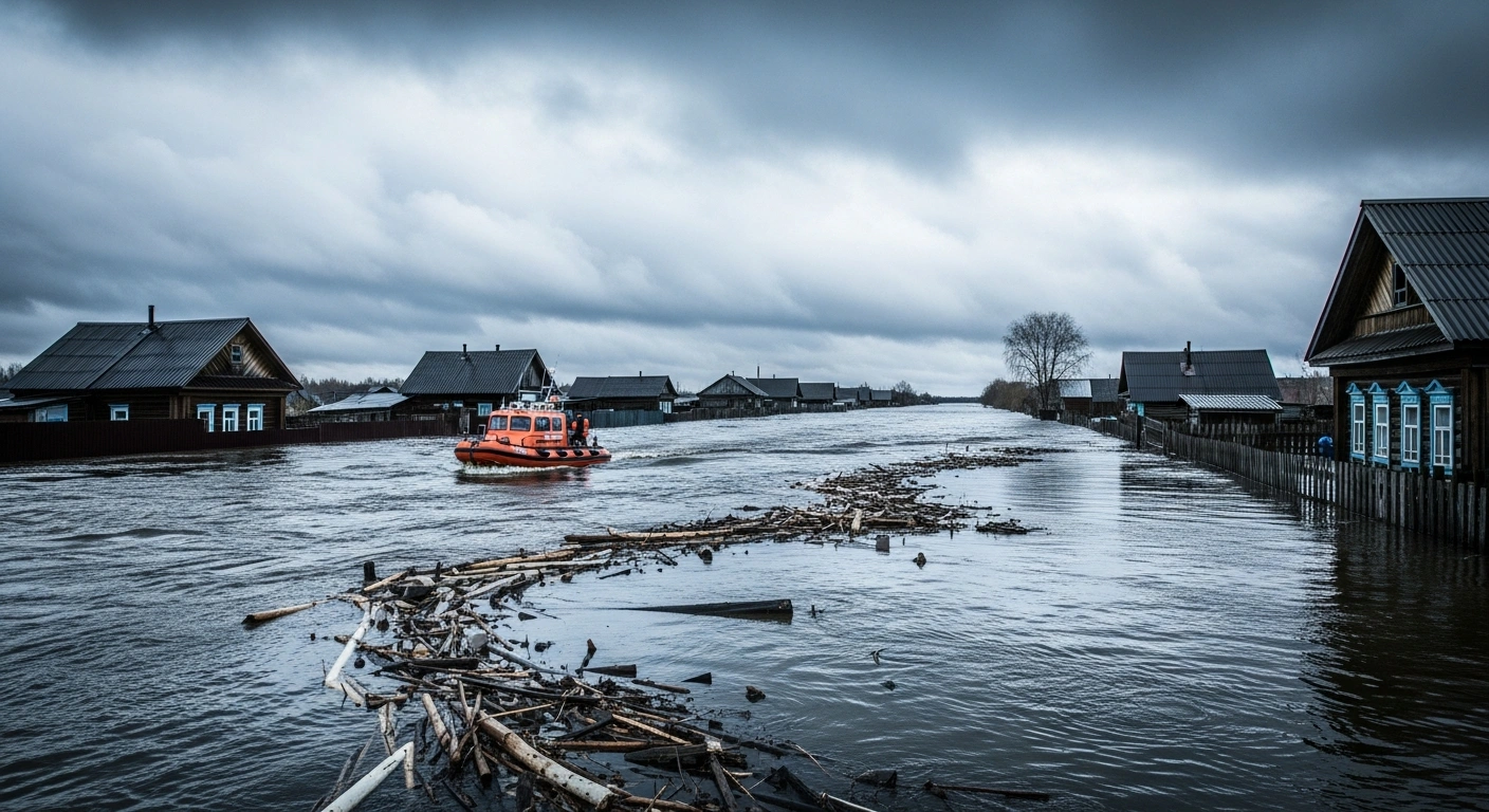 A rescue boat navigates through flooded streets in the Russian republic of Buryatia following rapid snowmelt and infrastructure damage.