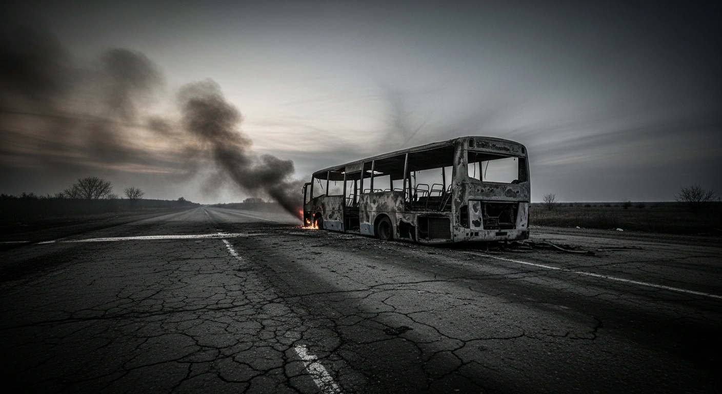 The smoldering wreckage of a passenger bus sits on a remote road in the Donetsk region after being struck by a drone.