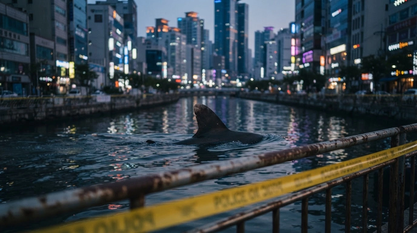 A shark fin breaks the surface of a canal in Busan, South Korea, as local authorities monitor the area near city buildings.
