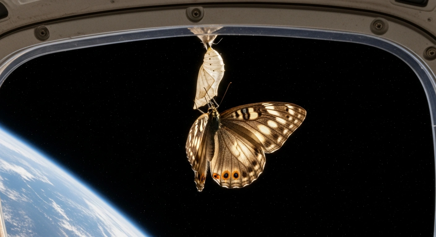 A delicate butterfly with iridescent wings slowly emerges from its chrysalis within a transparent, contained ecosystem named 'Shennong Kaiwu 2', against the backdrop of Earth's blue curve in orbit, symbolizing Chinese researchers' successful microgravity experiment.