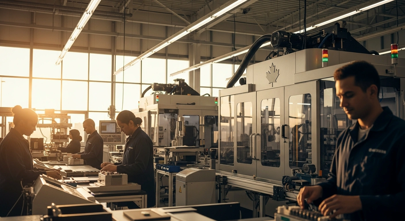 A wide, low-angle photograph depicts a bustling, modern Canadian manufacturing facility during golden hour, with diverse workers operating machinery on a production line, illustrating the impact of the Government of Canada's $186 million investment from Budget 2025 to implement the 'Buy Canadian' policy, strengthen domestic supply chains, and support Canadian businesses and jobs, including small and medium-sized enterprises.