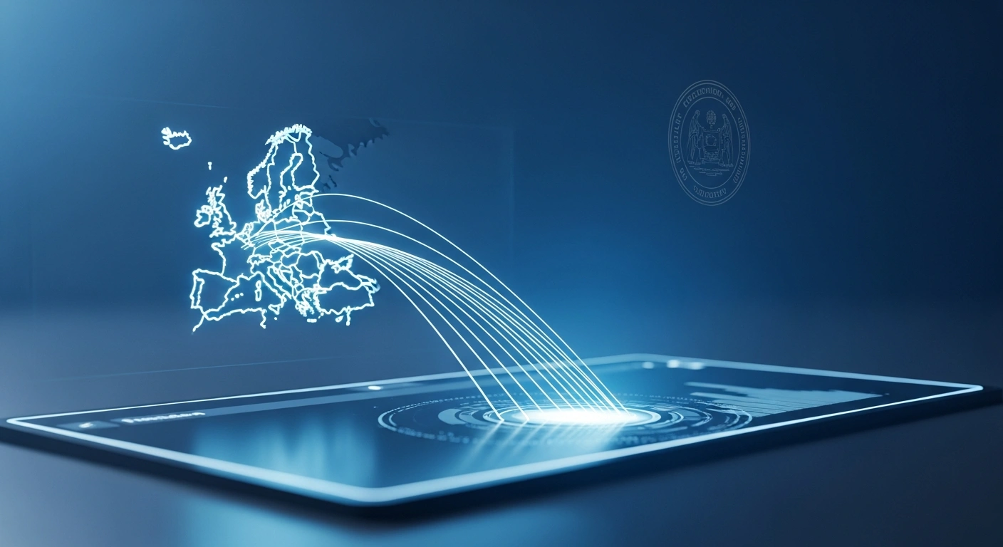 A sleek digital interface with glowing lines connecting to an abstract map of the European Economic Area, overseen by a subtle official emblem, symbolizes fintech firm BVNK's new CASP licence from the MFSA, enabling MiCA-regulated digital asset services and strengthening stablecoin and Euro payment capabilities.