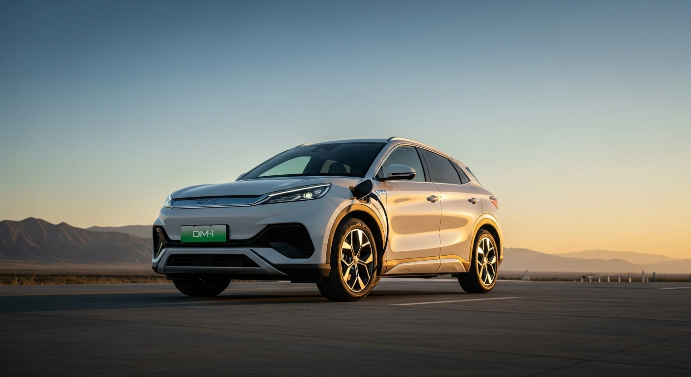 A sleek, modern BYD Atto 2 DM-i plug-in hybrid SUV, representing its launch in Argentina and featuring DM-i Super Hybrid technology with impressive electric and combined ranges, is parked on a scenic road.