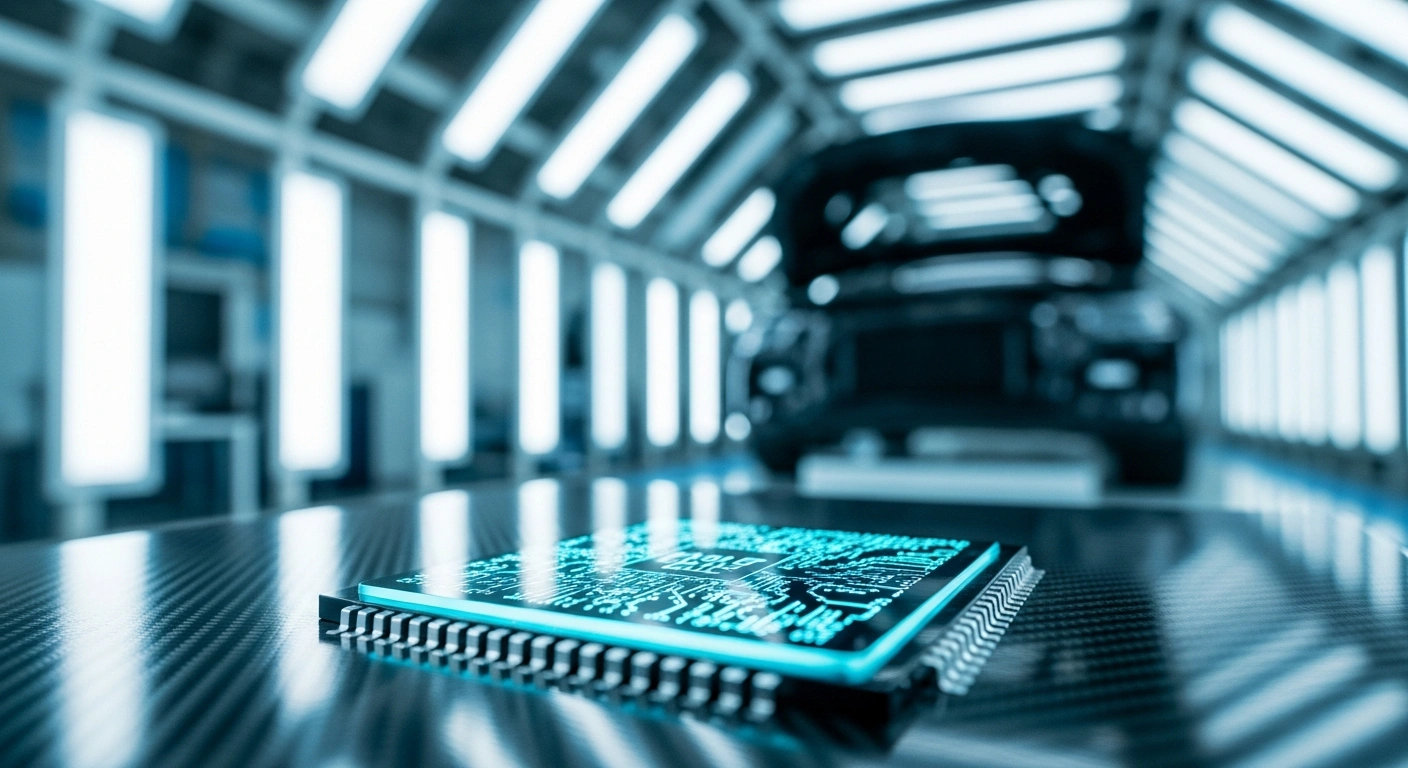 A high-tech autonomous driving chip designed by BYD rests on a carbon-fiber surface inside an electric vehicle manufacturing facility.