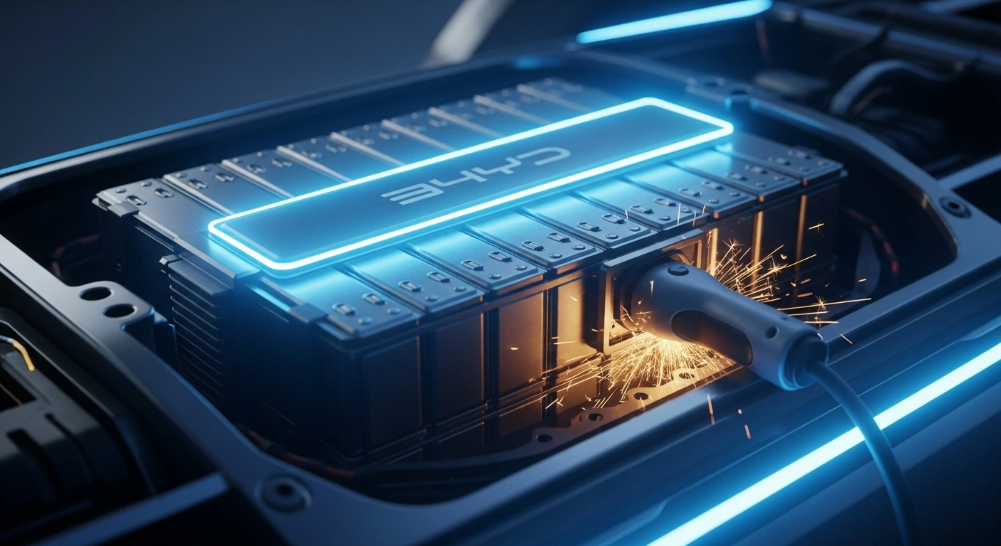 A close-up view of a high-tech BYD Blade Battery module inside an electric vehicle chassis, showcasing advanced flash-charging technology.