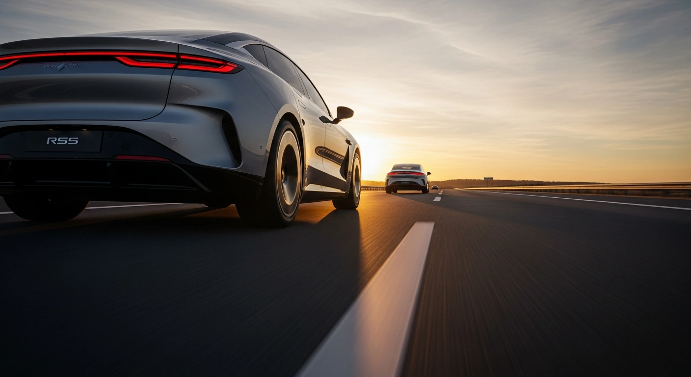 A futuristic electric vehicle, representing BYD, confidently pulls ahead of an older model electric vehicle, representing Tesla, on a highway at sunset, symbolizing BYD surpassing Tesla as the world's largest seller of battery-electric vehicles.