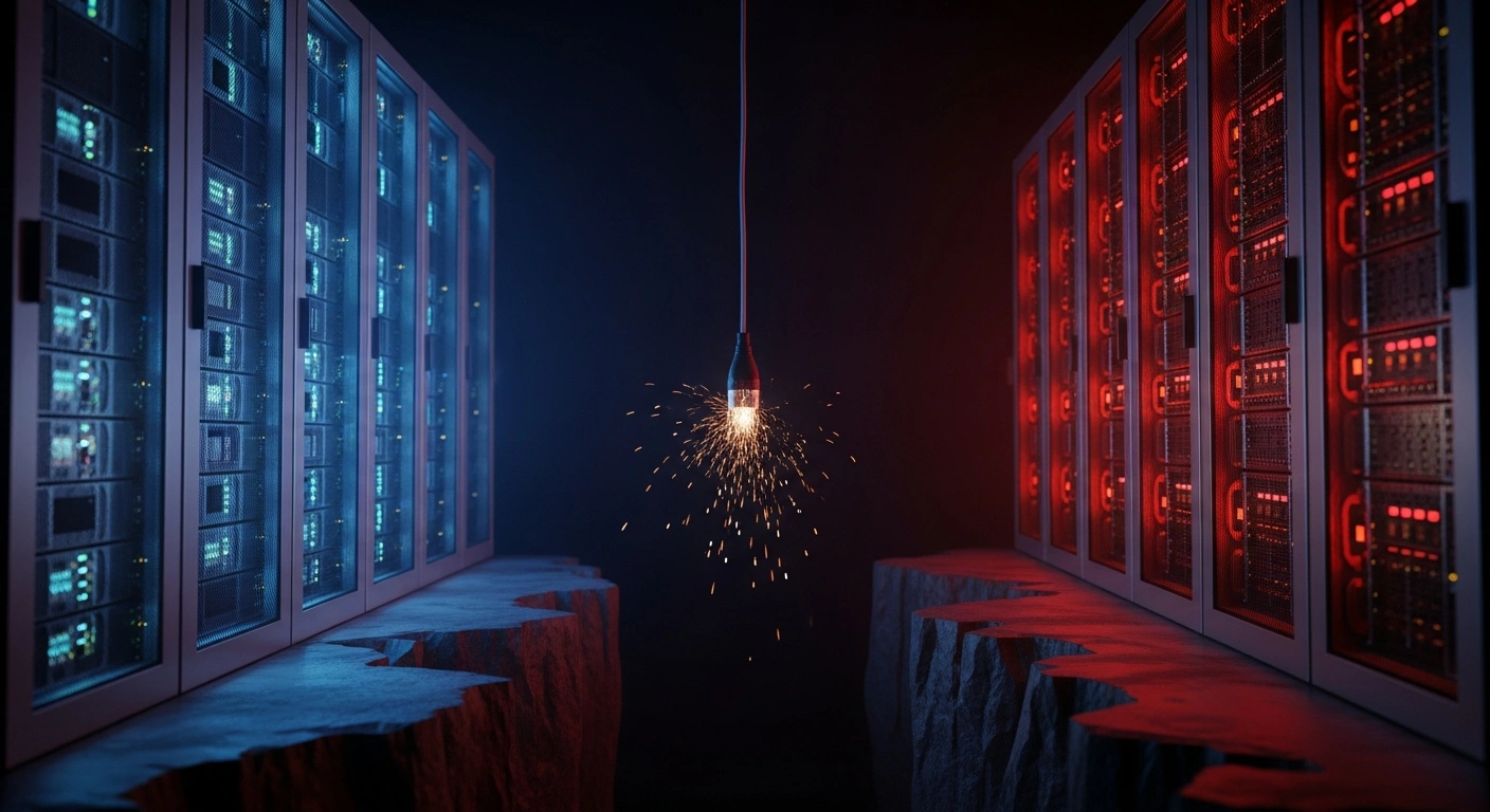 A high-contrast image shows a sleek, blue-lit server rack separated by a dark chasm from an industrial, red-lit server array, with a severed data cable hanging between them, symbolizing ByteDance's AI coding assistant Trae ceasing access to Anthropic's Claude AI models due to new terms of service and growing US-China tech divisions.