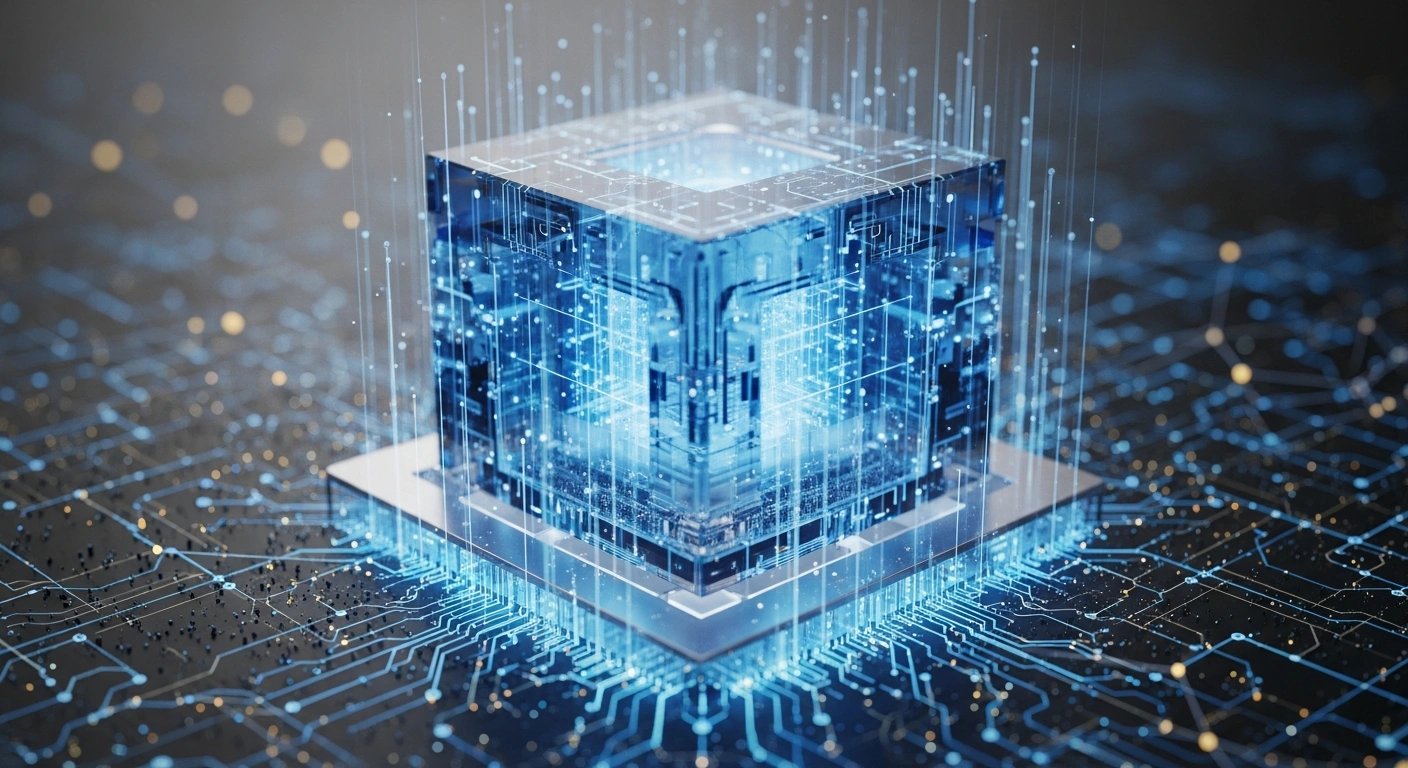 A hyper-realistic, crystalline AI core, pulsating with cool blue energy and emanating sharp, angular light streaks like digital pathways, represents ByteDance's Doubao 2.0 AI model, an advanced system designed for complex real-world tasks and cost efficiencies, rivaling OpenAI's GPT 5.2 and Google's Gemini 3 Pro.