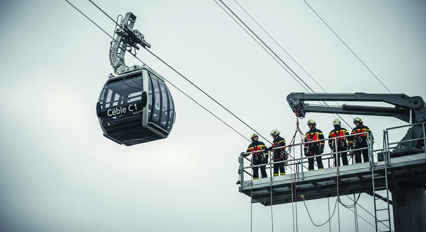 Paris Fire Brigade personnel conduct a large-scale evacuation drill on the Câble C1 aerial tramway in Île-de-France.