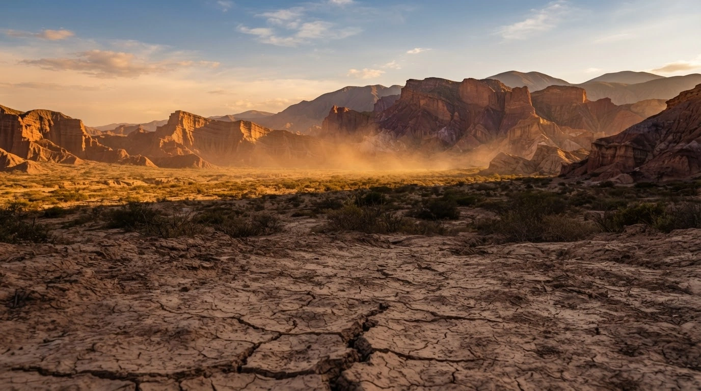 A wide landscape view of the arid, rocky terrain in Cafayate, Salta, where seismic activity is being monitored by authorities in northwestern Argentina.