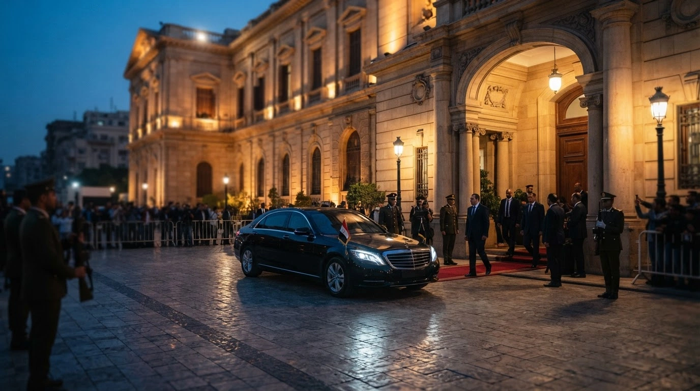 A diplomatic delegation arrives at a government building in Cairo for high-level ceasefire negotiations regarding the conflict in Gaza.