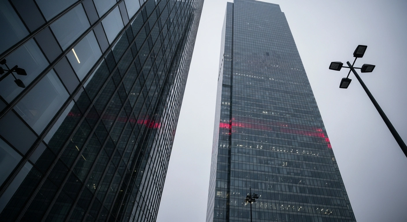 A low-angle view of Madrid's iconic Torre Foster skyscraper under a cold, overcast sky, with a subtle red glow emanating from a lower floor, symbolizing the anti-money laundering (AML) failings and over €30 million in fines levied against CaixaBank by Sepblac for a decade-old real estate transaction inherited from Bankia, which the bank has appealed.