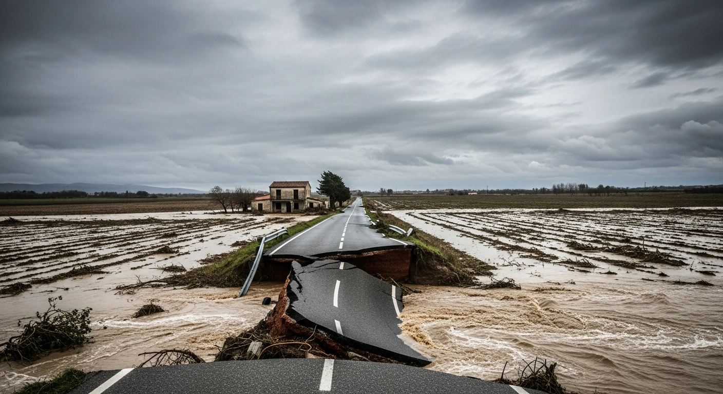 A wide, low-angle shot captures the desolate aftermath of intense rainfall in Italy's southern Calabria region, showing widespread flooding in agricultural fields, a collapsed rural road, and a partially submerged farmhouse under a heavy, overcast sky, reflecting the significant damage to infrastructure and agriculture that led to a request for a new state of emergency.