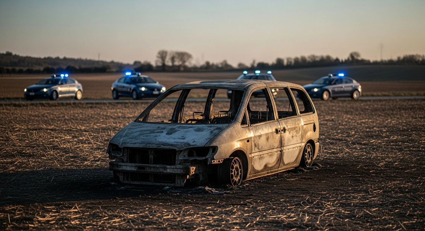 Italian police investigate the scene where four Pakistani farm workers were found inside a burnt-out minivan in a rural area of Calabria.
