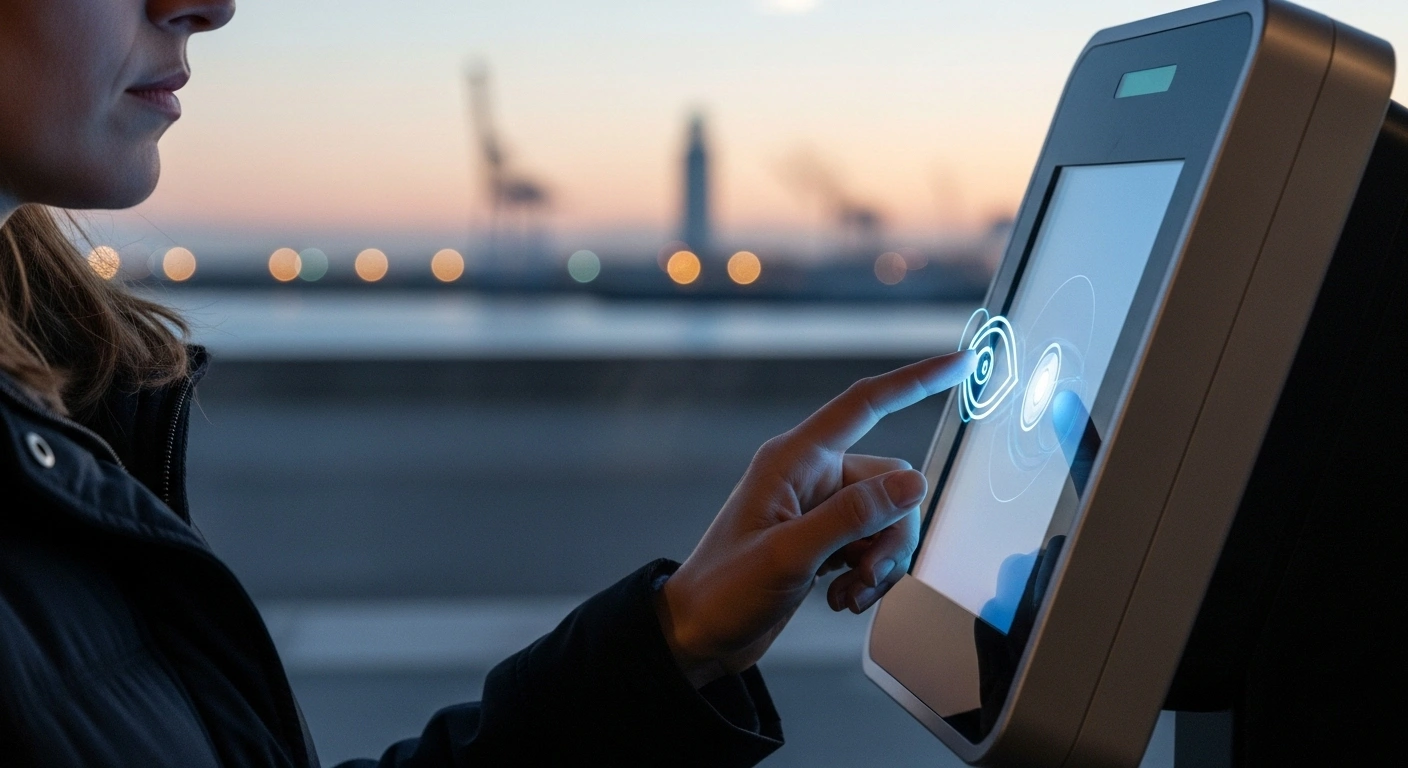A non-EU traveler's hand and face are illuminated by a futuristic biometric scanner at a digital border check kiosk in the French port city of Calais, symbolizing the new EU Entry/Exit System (EES) for streamlined and secure crossings.