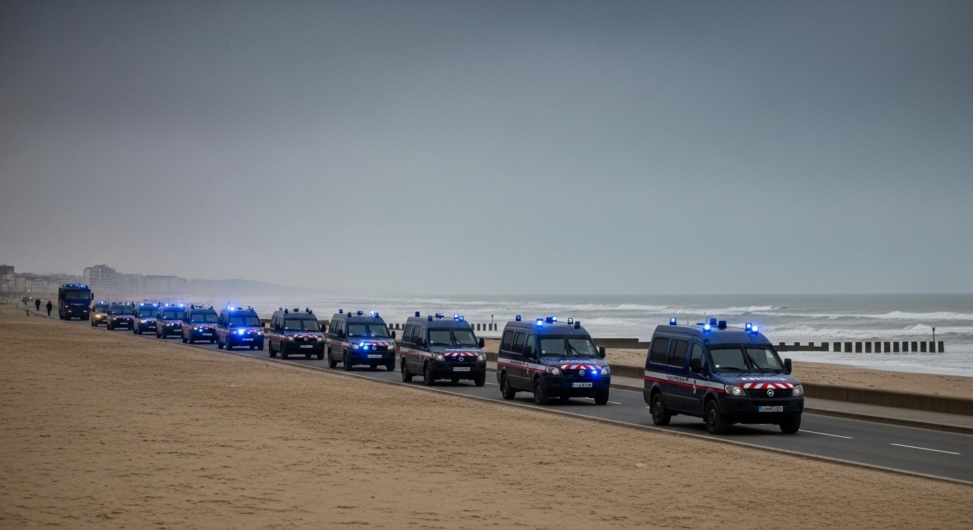 A wide shot of a windswept, grey-toned beach in Calais shows a line of French Gendarmerie vehicles with pulsing blue lights, forming a barrier, symbolizing the French authorities' ban on British far-right activists to prevent public disorder and anti-migrant actions.
