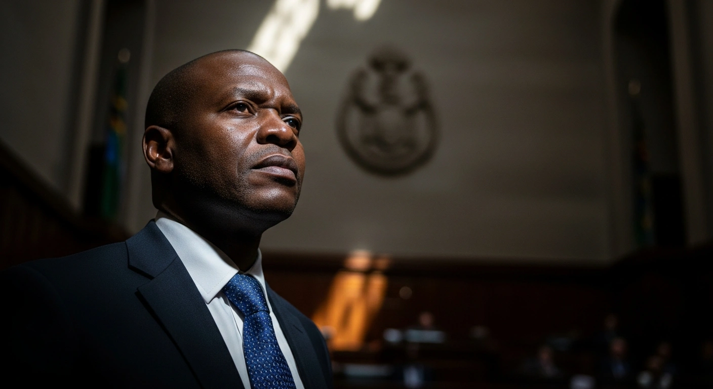 A determined man, representing Lukanyo Calata, stands in a formal South African hall, symbolizing his call for former Presidents Thabo Mbeki and Jacob Zuma to be subpoenaed by the Truth and Reconciliation Commission Cases Inquiry regarding alleged failures in prosecuting apartheid-era crimes.