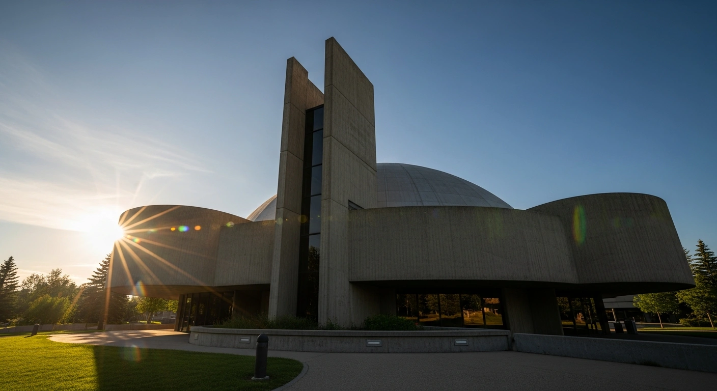 The historic Centennial Planetarium in Calgary stands under a bright sky as it undergoes a transformation into a new contemporary art and education hub.