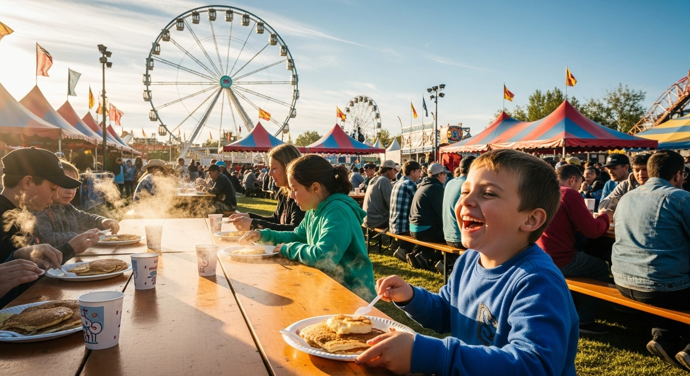 Families enjoy a free pancake breakfast at the Calgary Stampede Family Day event at Stampede Park in Alberta.
