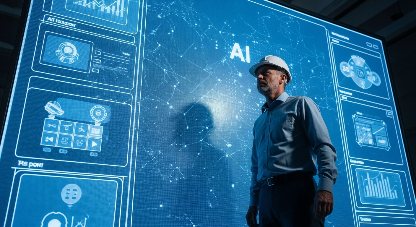 A determined worker stands before a towering, semi-transparent digital display pulsing with abstract data patterns and automated process imagery, symbolizing California labor unions' concerns over AI's impact on job displacement, workplace surveillance, and algorithmic bias, and their call for stronger regulations.